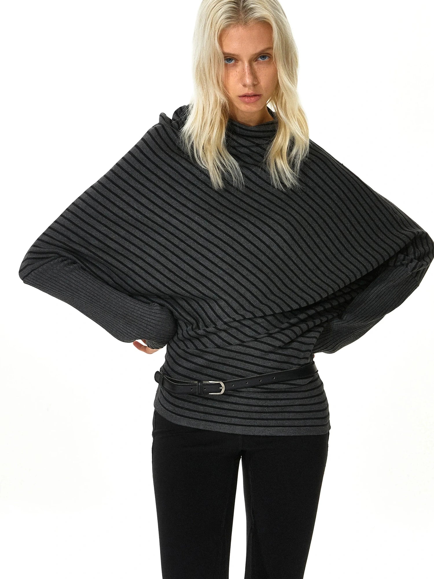 kvkv Striped Knit Batwing Sleeve Belted Sweater