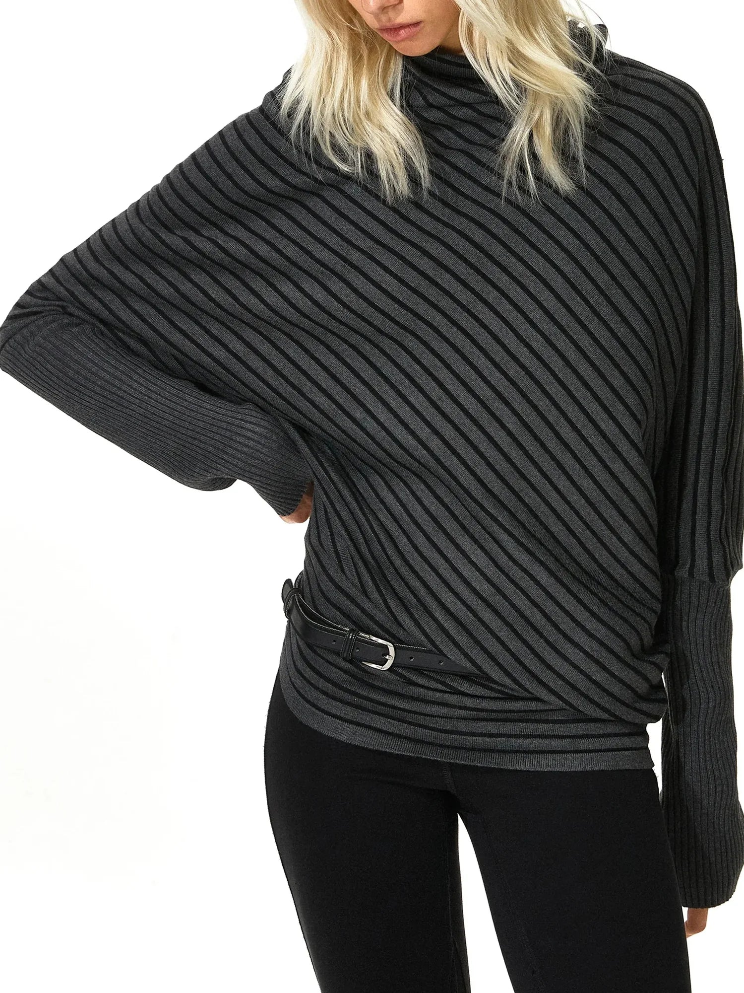 kvkv Striped Knit Batwing Sleeve Belted Sweater