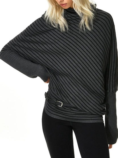 kvkv Striped Knit Batwing Sleeve Belted Sweater