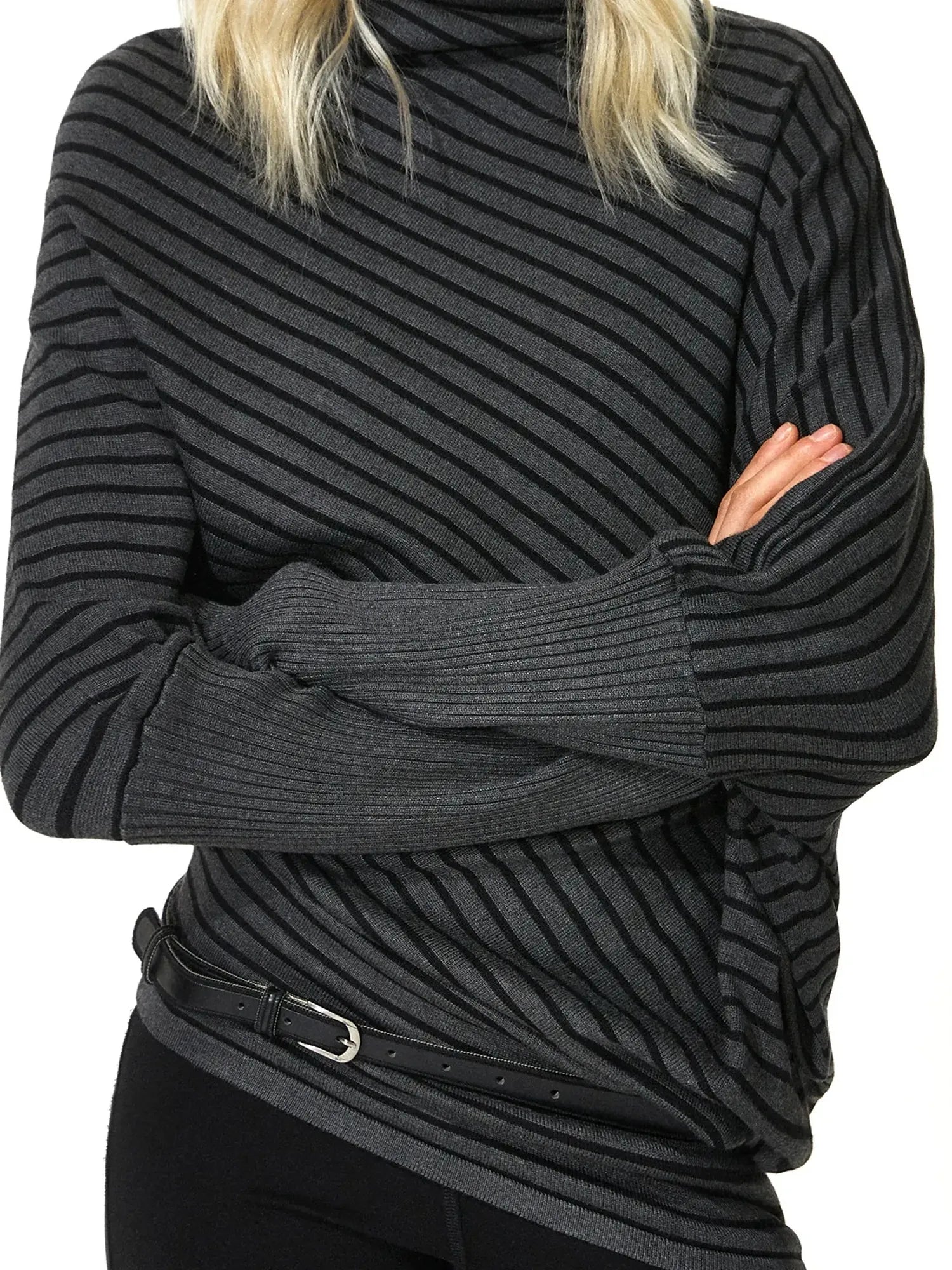 kvkv Striped Knit Batwing Sleeve Belted Sweater