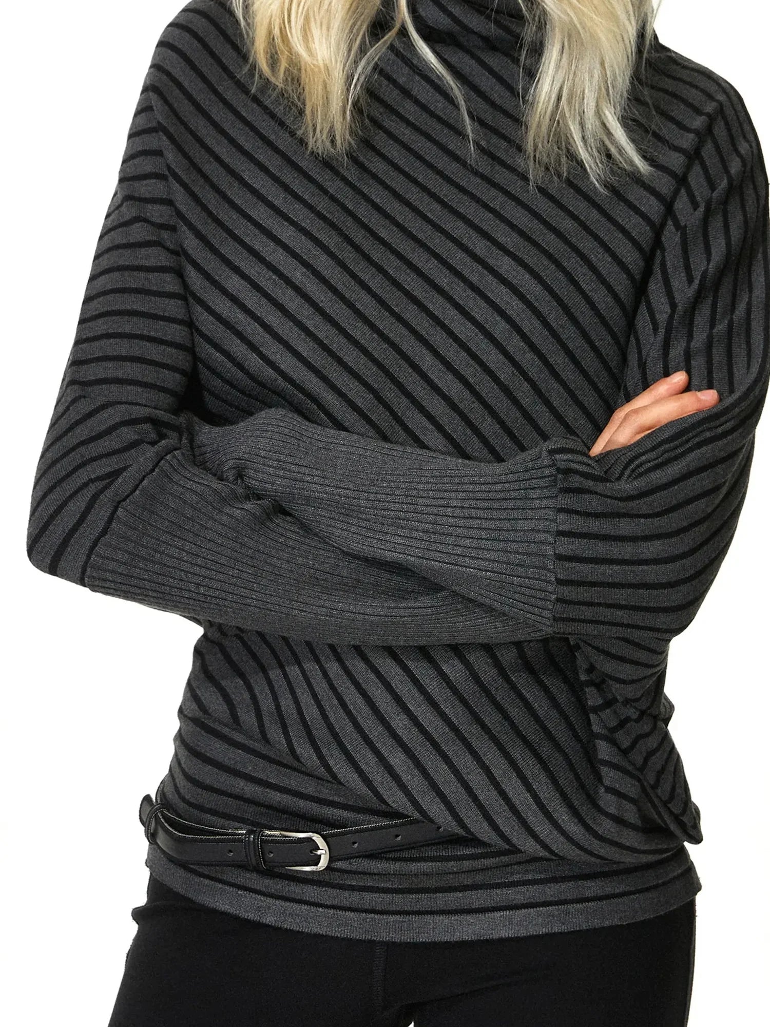 kvkv Striped Knit Batwing Sleeve Belted Sweater