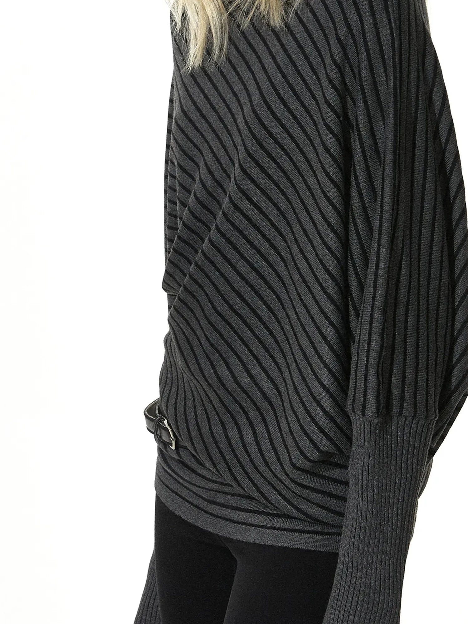 kvkv Striped Knit Batwing Sleeve Belted Sweater