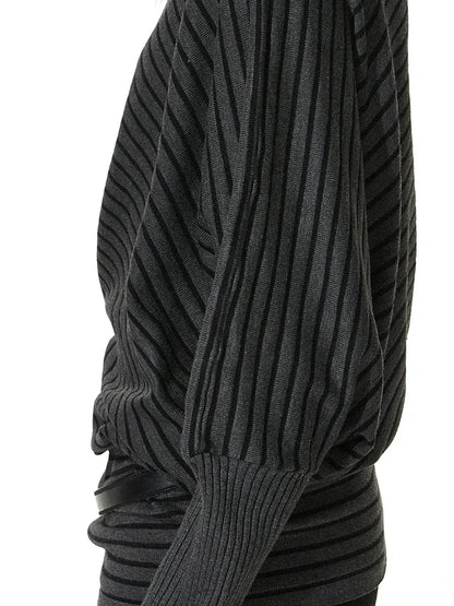 kvkv Striped Knit Batwing Sleeve Belted Sweater