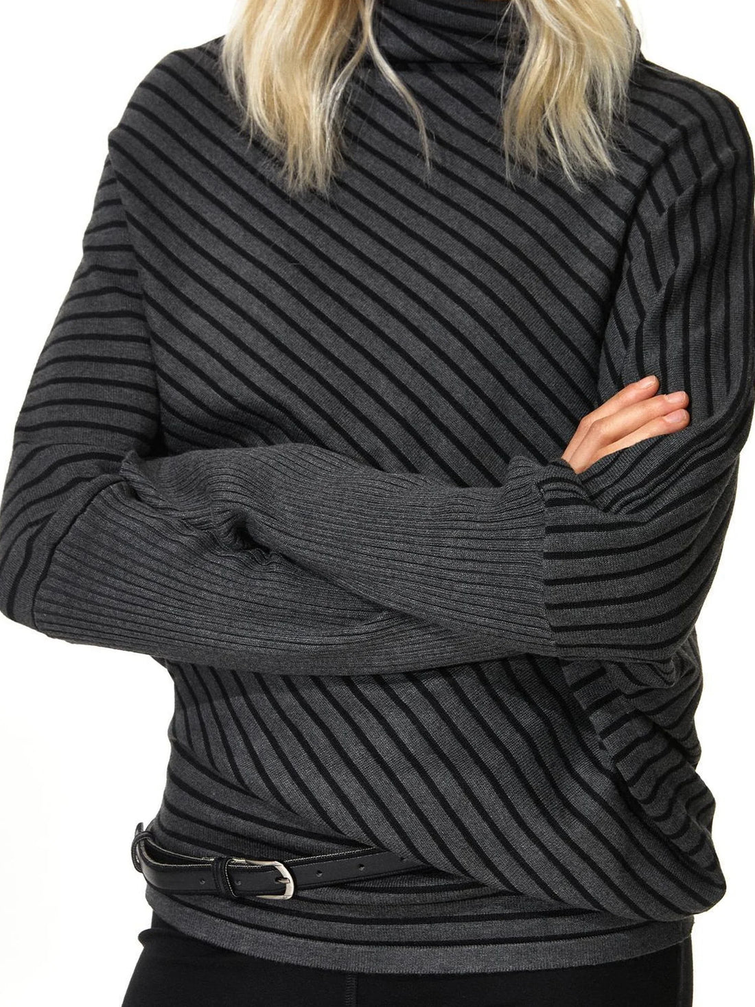 kvkv Striped Knit Batwing Sleeve Belted Sweater