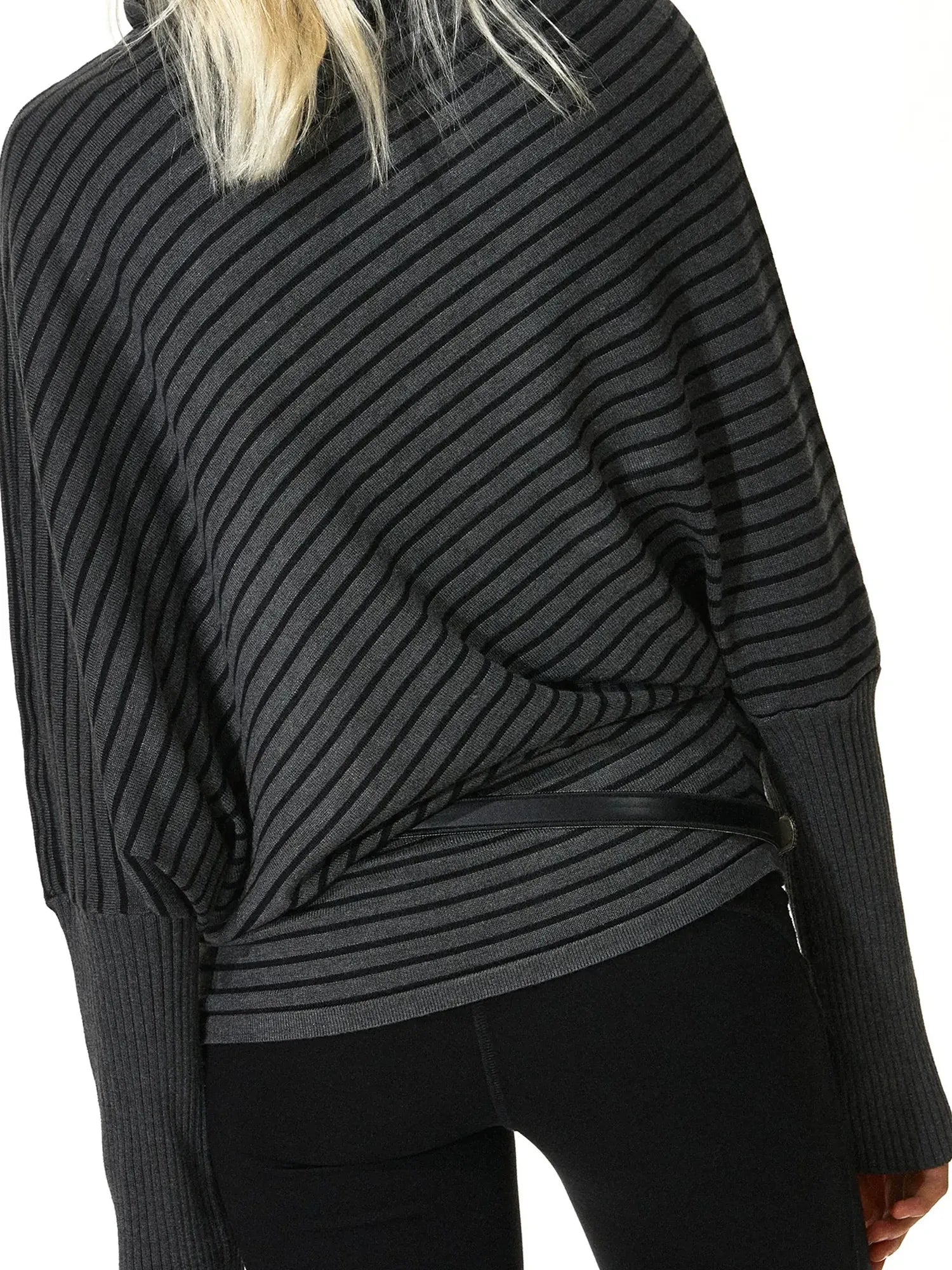 kvkv Striped Knit Batwing Sleeve Belted Sweater