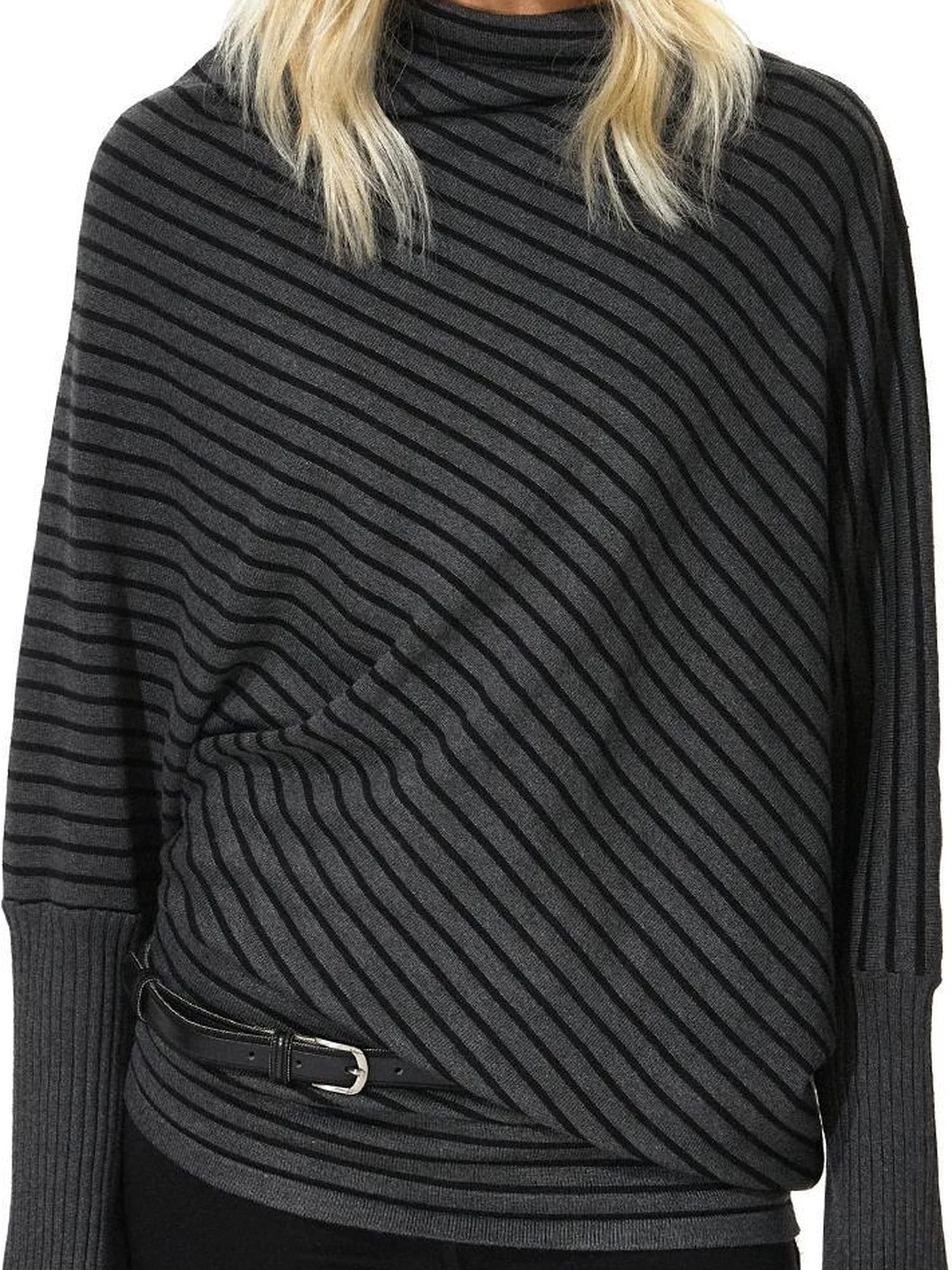 kvkv Striped Knit Batwing Sleeve Belted Sweater