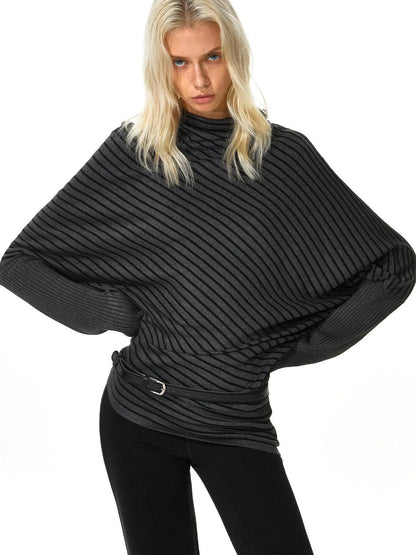 kvkv Striped Knit Batwing Sleeve Belted Sweater