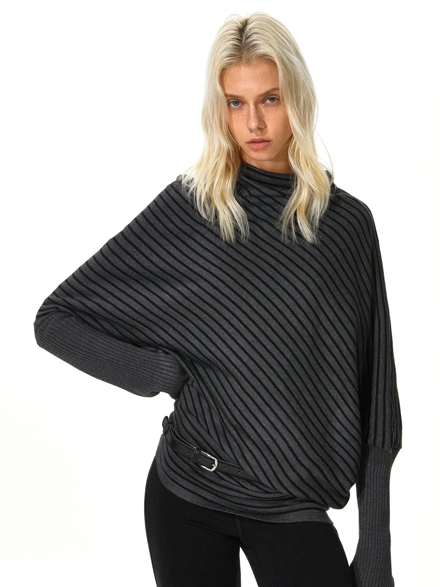 kvkv Striped Knit Batwing Sleeve Belted Sweater