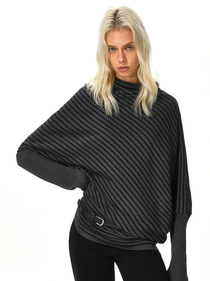 kvkv Striped Knit Batwing Sleeve Belted Sweater