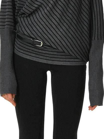 kvkv Striped Knit Batwing Sleeve Belted Sweater