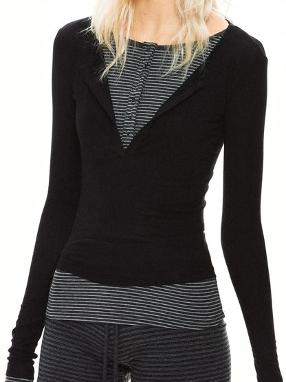 kvkv Striped Mock Neck Modal Layered Top