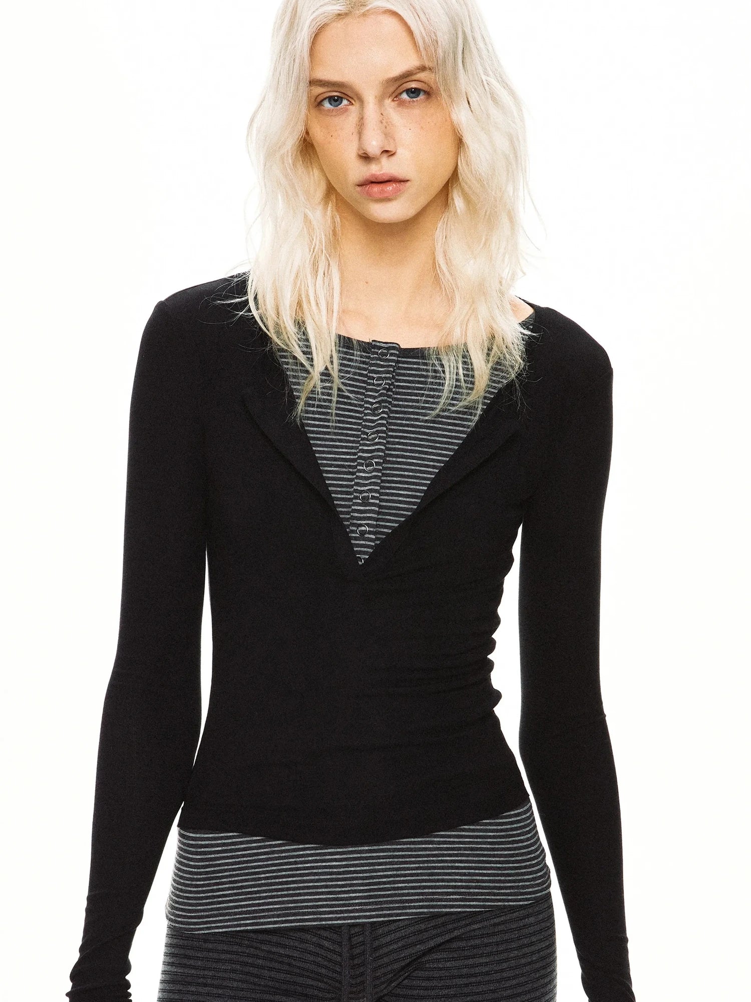 kvkv Striped Mock Neck Modal Layered Top