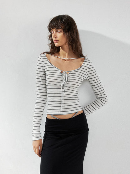 kvkv Striped U Neck Beaded Tie Front Blouse