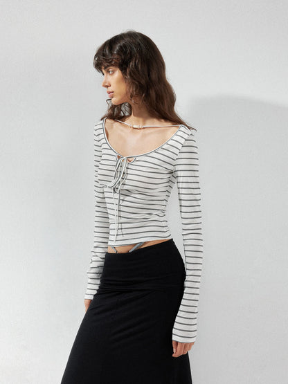 kvkv Striped U Neck Beaded Tie Front Blouse