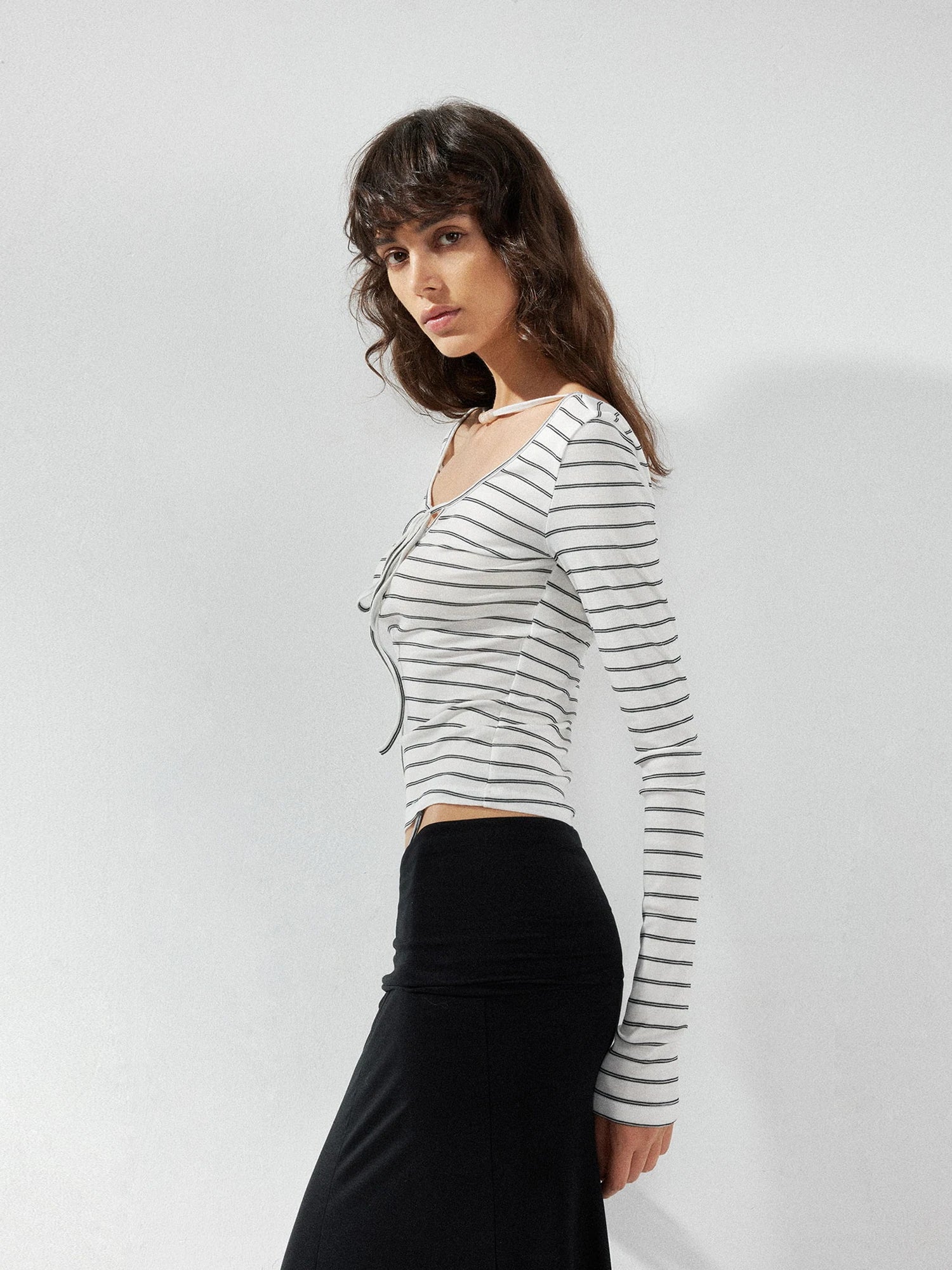 kvkv Striped U Neck Beaded Tie Front Blouse