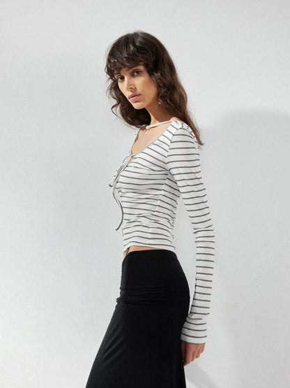kvkv Striped U Neck Beaded Tie Front Blouse