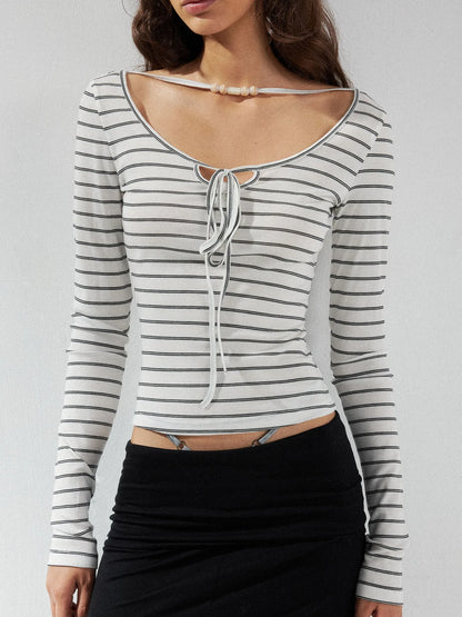 kvkv Striped U Neck Beaded Tie Front Blouse