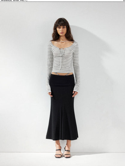 kvkv Striped U Neck Beaded Tie Front Blouse