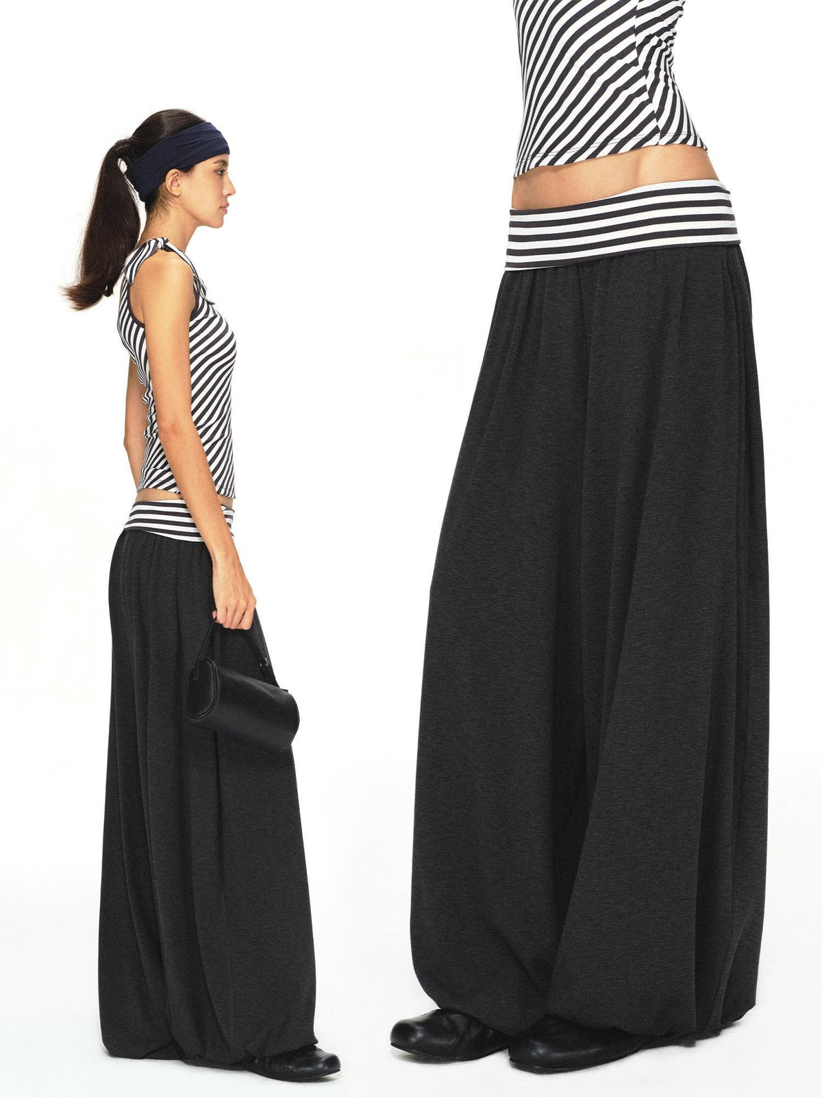 kvkv Striped Waistband Dark Grey Loose Tapered Skin Feel Women&