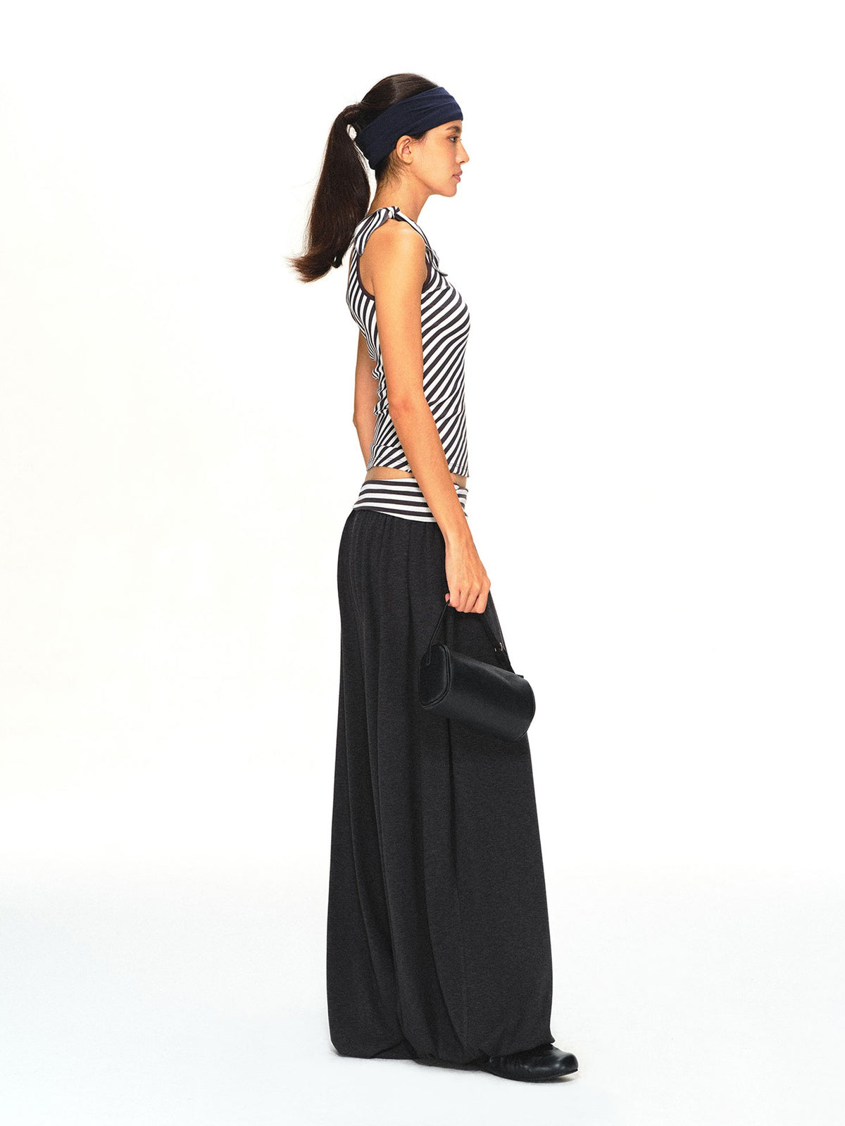 kvkv Striped Waistband Dark Grey Loose Tapered Skin Feel Women&