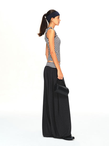kvkv Striped Waistband Dark Grey Loose Tapered Skin Feel Women&