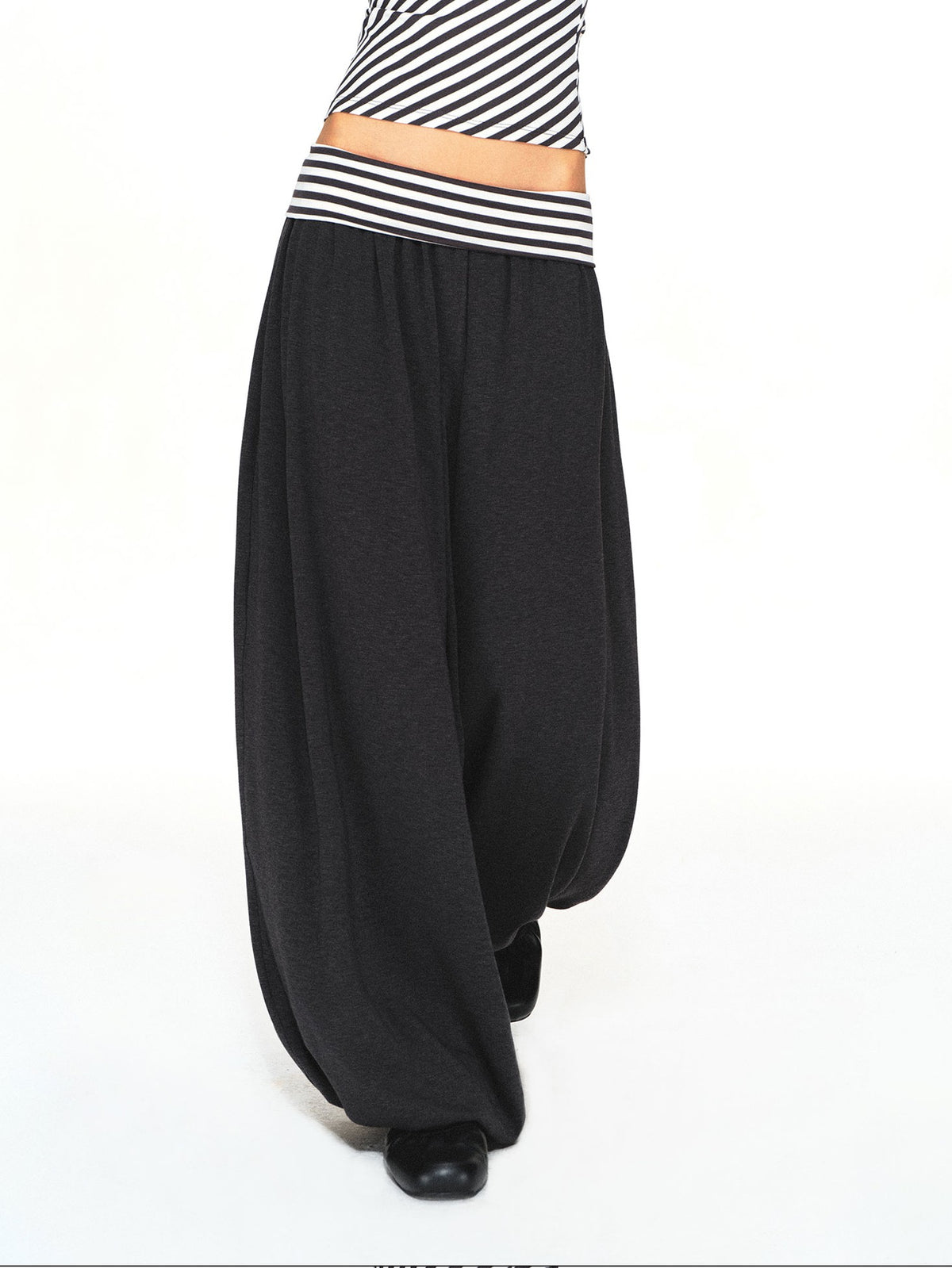 kvkv Striped Waistband Dark Grey Loose Tapered Skin Feel Women&