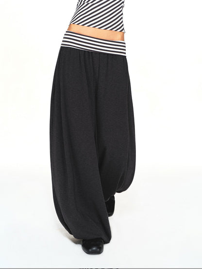 kvkv Striped Waistband Dark Grey Loose Tapered Skin Feel Women&