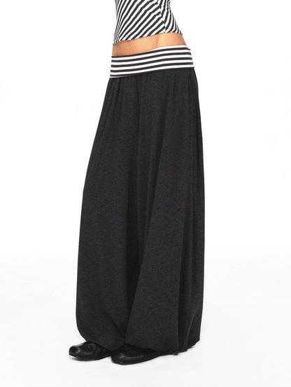 kvkv Striped Waistband Dark Grey Loose Tapered Skin Feel Women&