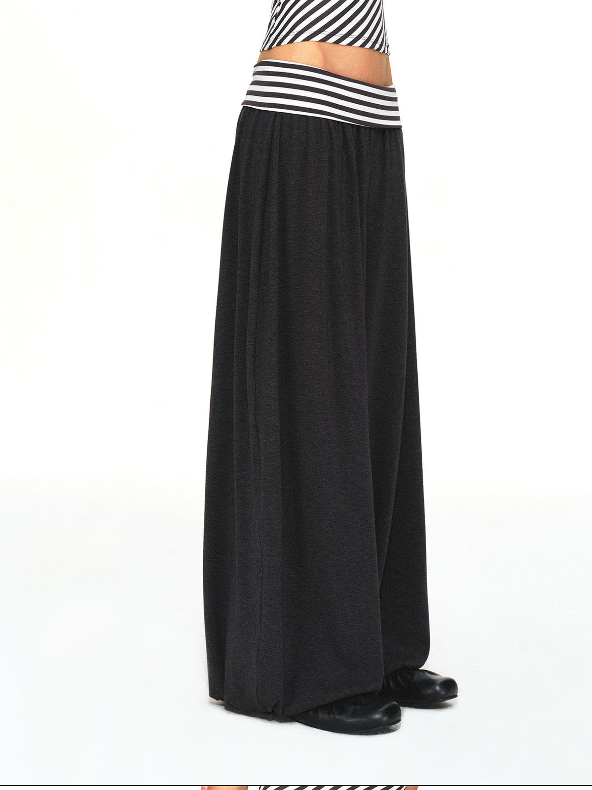 kvkv Striped Waistband Dark Grey Loose Tapered Skin Feel Women&