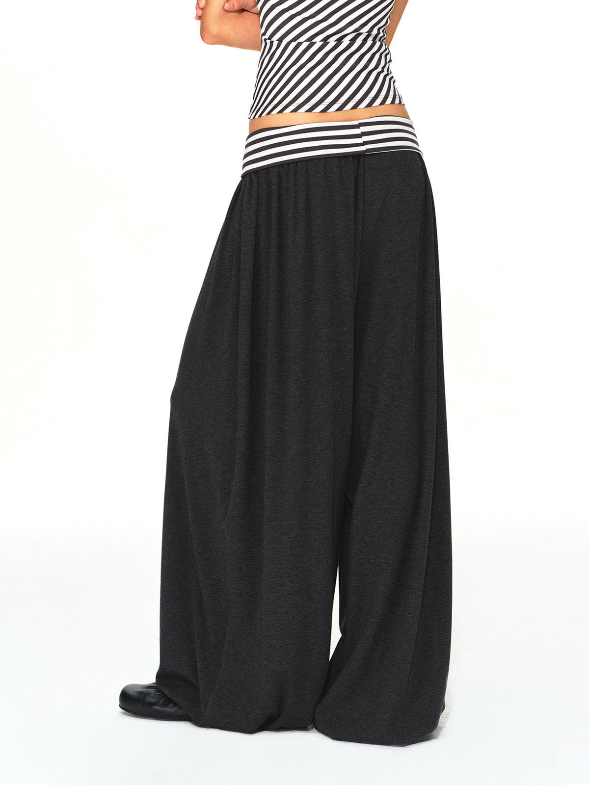kvkv Striped Waistband Dark Grey Loose Tapered Skin Feel Women&