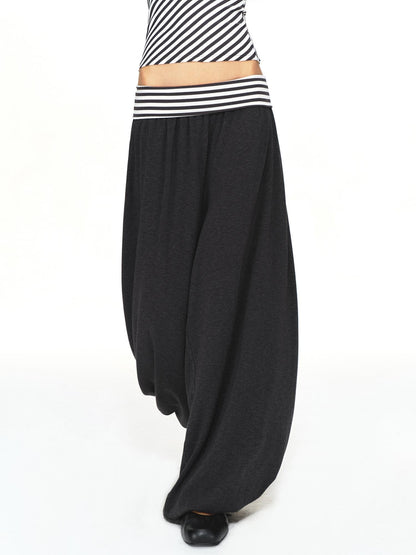 kvkv Striped Waistband Dark Grey Loose Tapered Skin Feel Women&