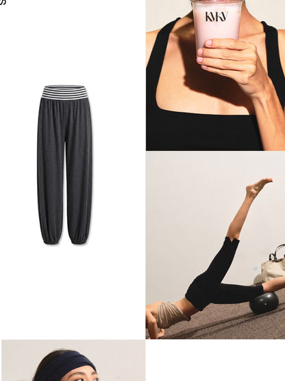 kvkv Striped Waistband Dark Grey Loose Tapered Skin Feel Women&