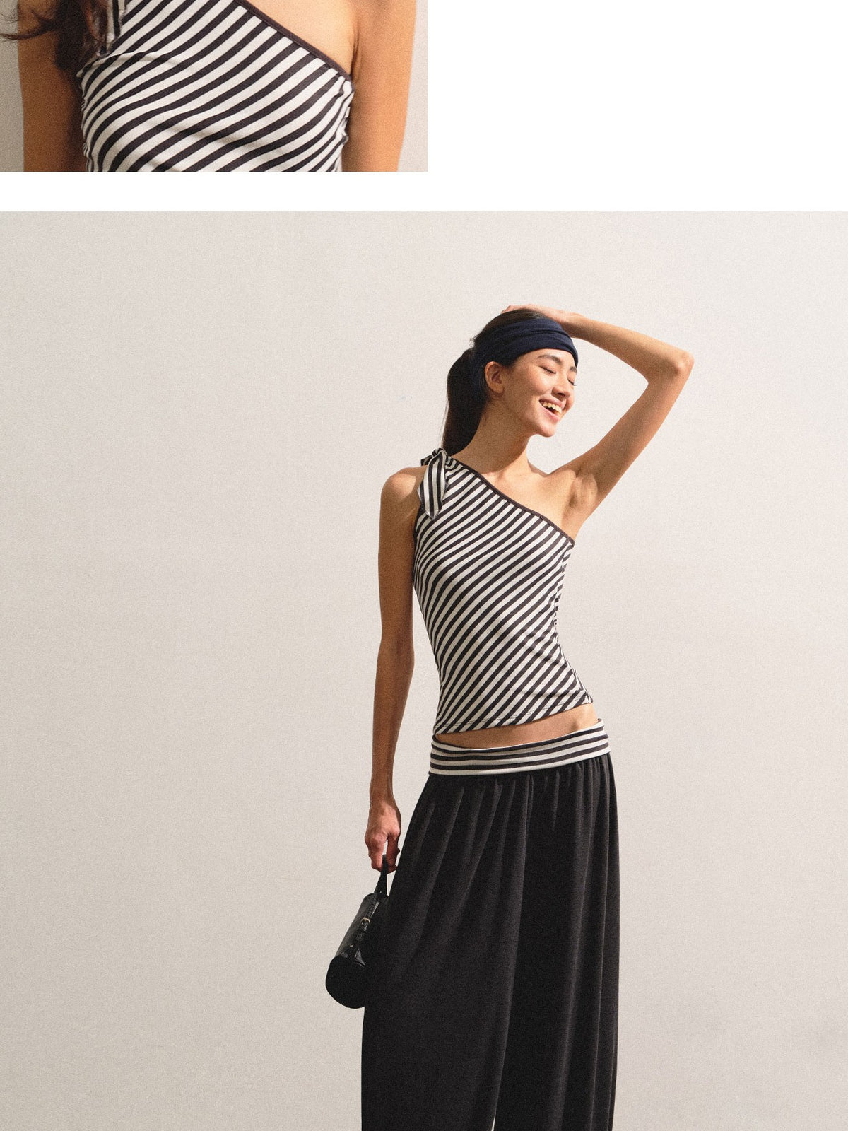 kvkv Striped Waistband Dark Grey Loose Tapered Skin Feel Women&