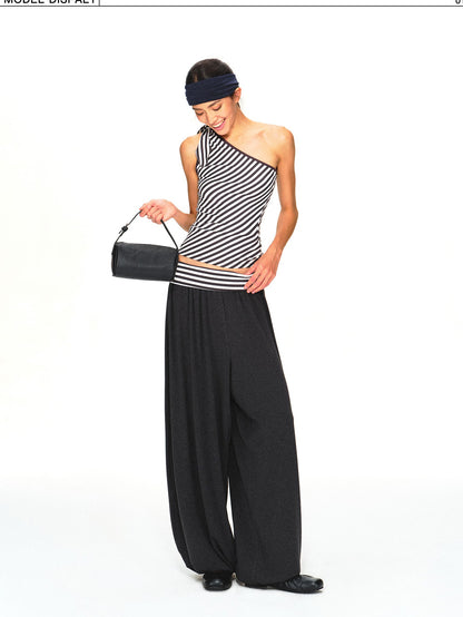 kvkv Striped Waistband Dark Grey Loose Tapered Skin Feel Women&