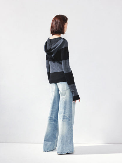 kvkv Striped Zip Up Hooded Knit Sweater