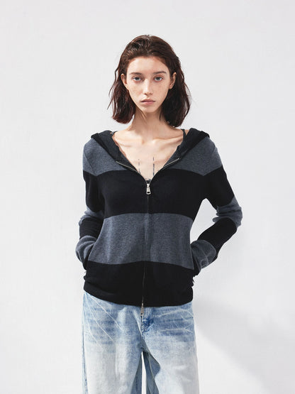 kvkv Striped Zip Up Hooded Knit Sweater