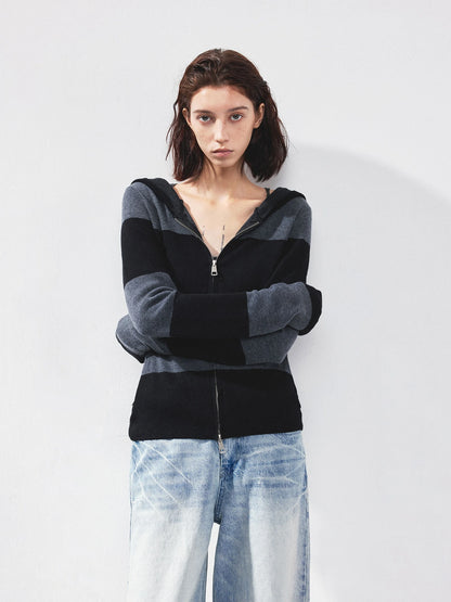kvkv Striped Zip Up Hooded Knit Sweater
