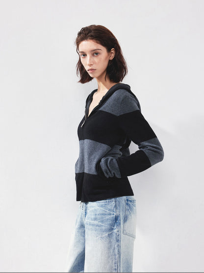 kvkv Striped Zip Up Hooded Knit Sweater