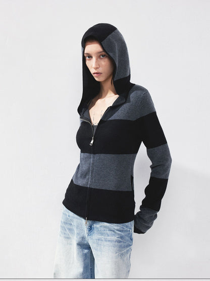 kvkv Striped Zip Up Hooded Knit Sweater