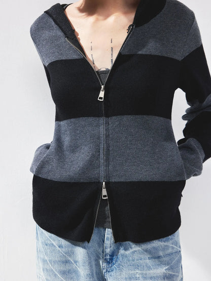 kvkv Striped Zip Up Hooded Knit Sweater