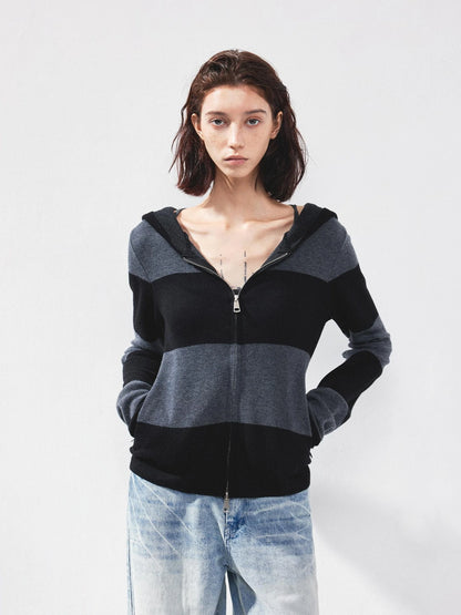 kvkv Striped Zip Up Hooded Knit Sweater