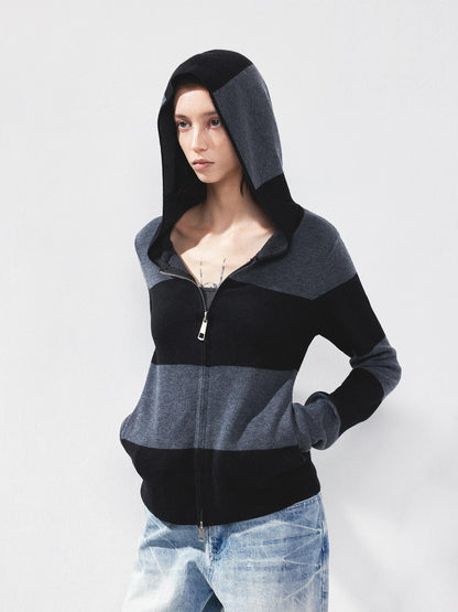 kvkv Striped Zip Up Hooded Knit Sweater