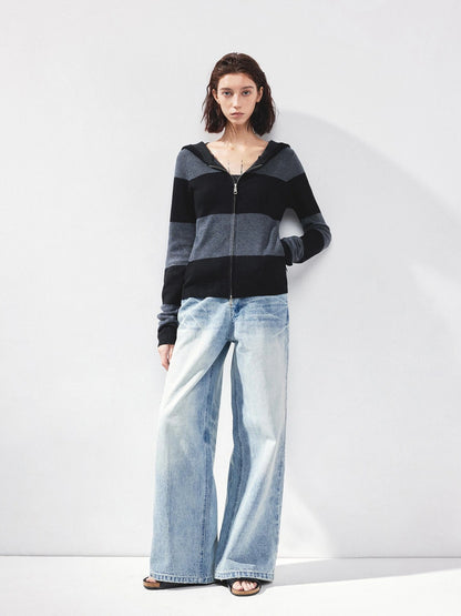 kvkv Striped Zip Up Hooded Knit Sweater