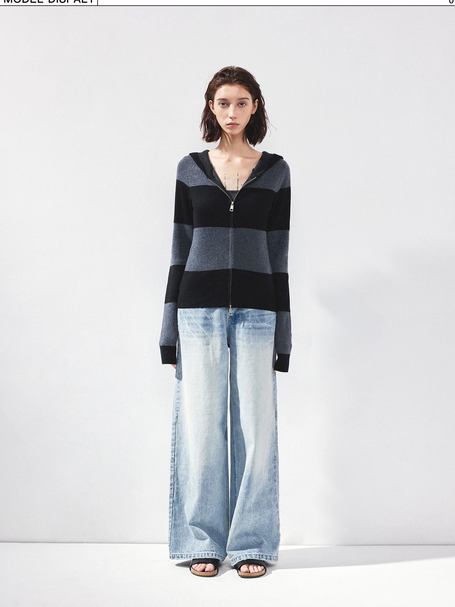 kvkv Striped Zip Up Hooded Knit Sweater