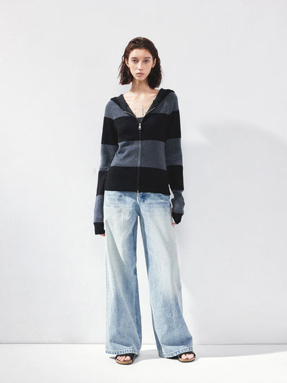 kvkv Striped Zip Up Hooded Knit Sweater