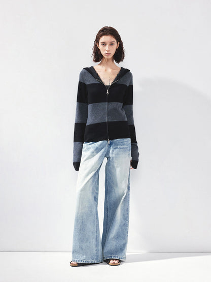 kvkv Striped Zip Up Hooded Knit Sweater