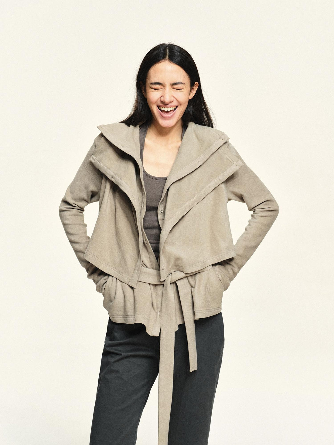 kvkv Textured Double Layer Lapel Tie Waist Women&