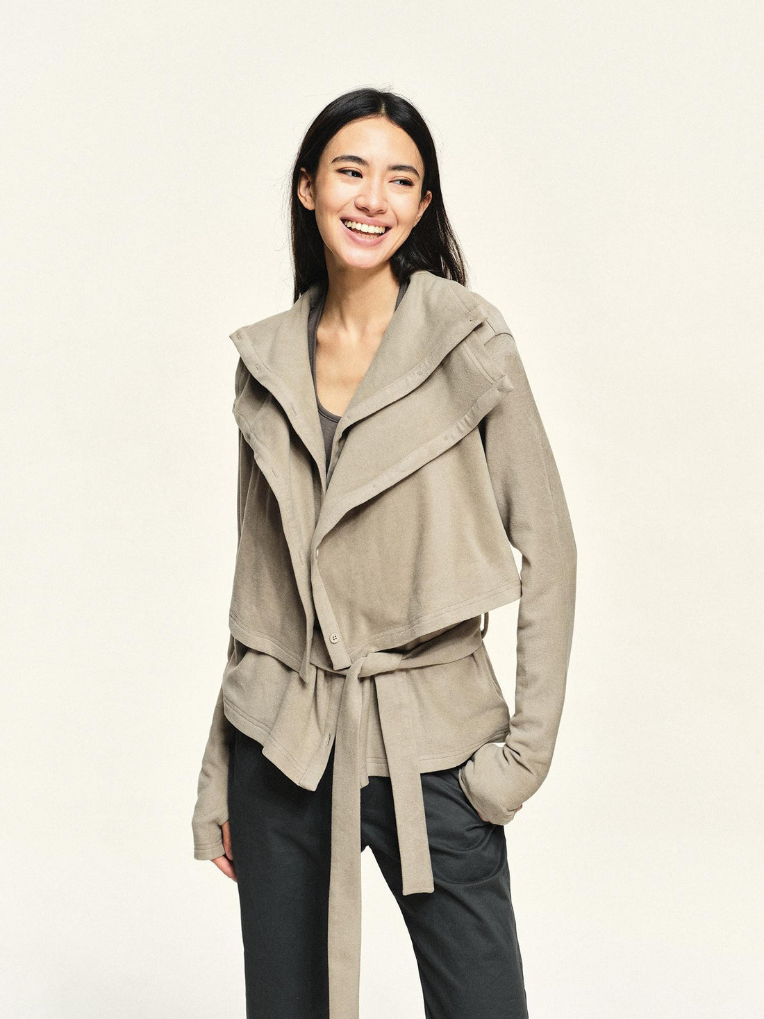 kvkv Textured Double Layer Lapel Tie Waist Women&