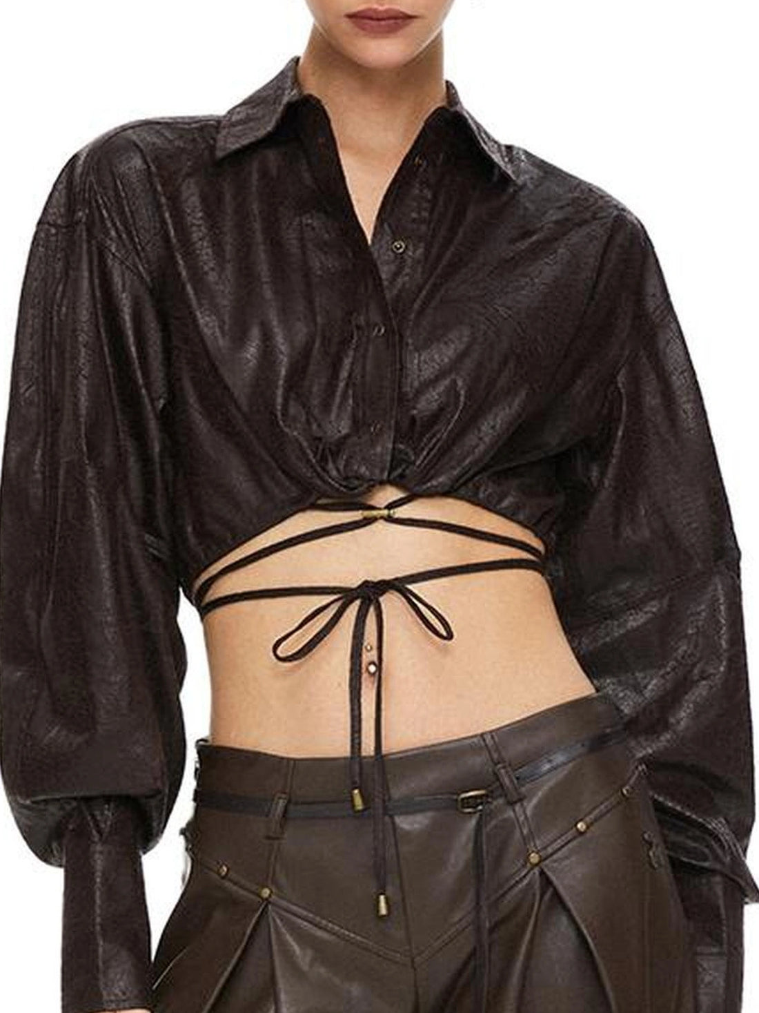 kvkv Torn Bark Texture Drawstring Crop Shirt
