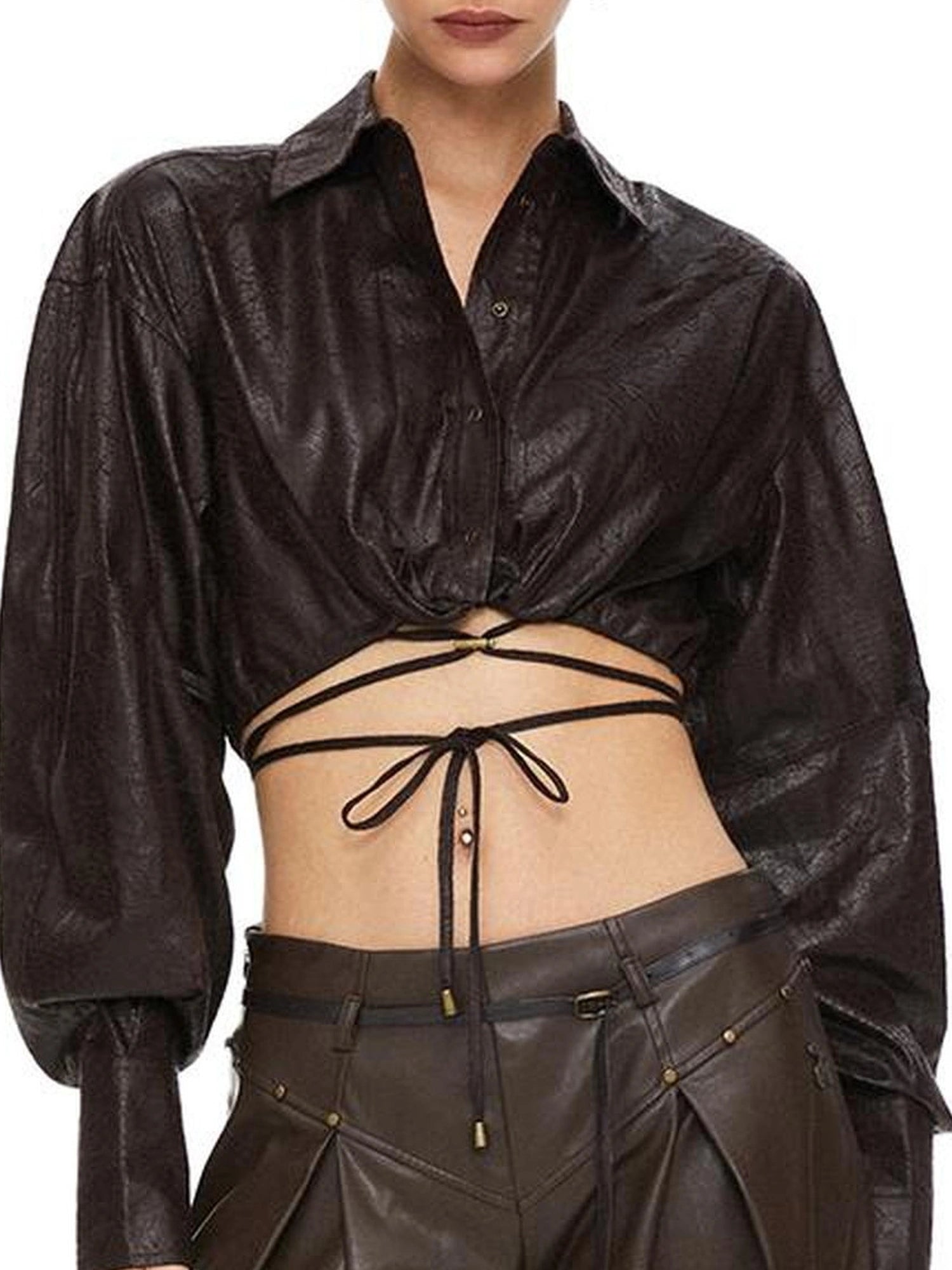 kvkv Torn Bark Texture Drawstring Crop Shirt